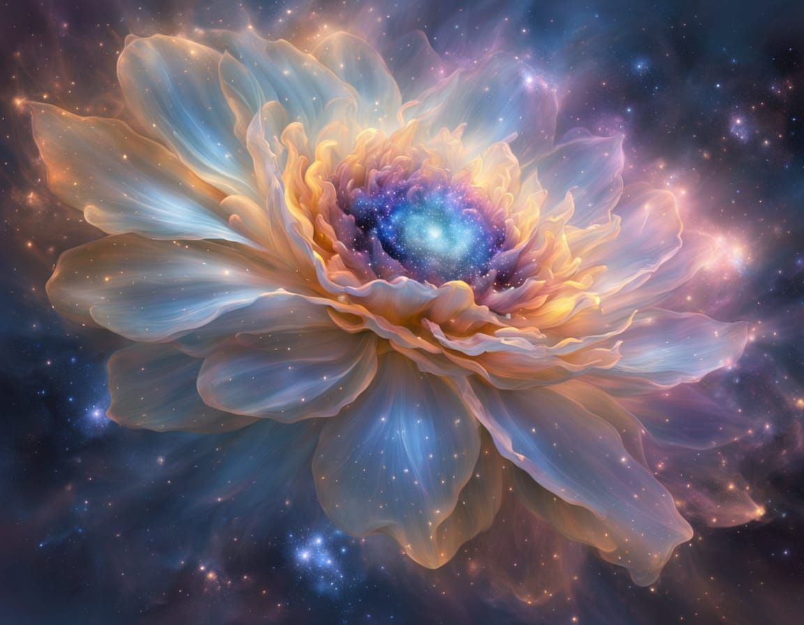 Flower Dissolves Into Ethereal Nebula in Dreamlike Painterly...