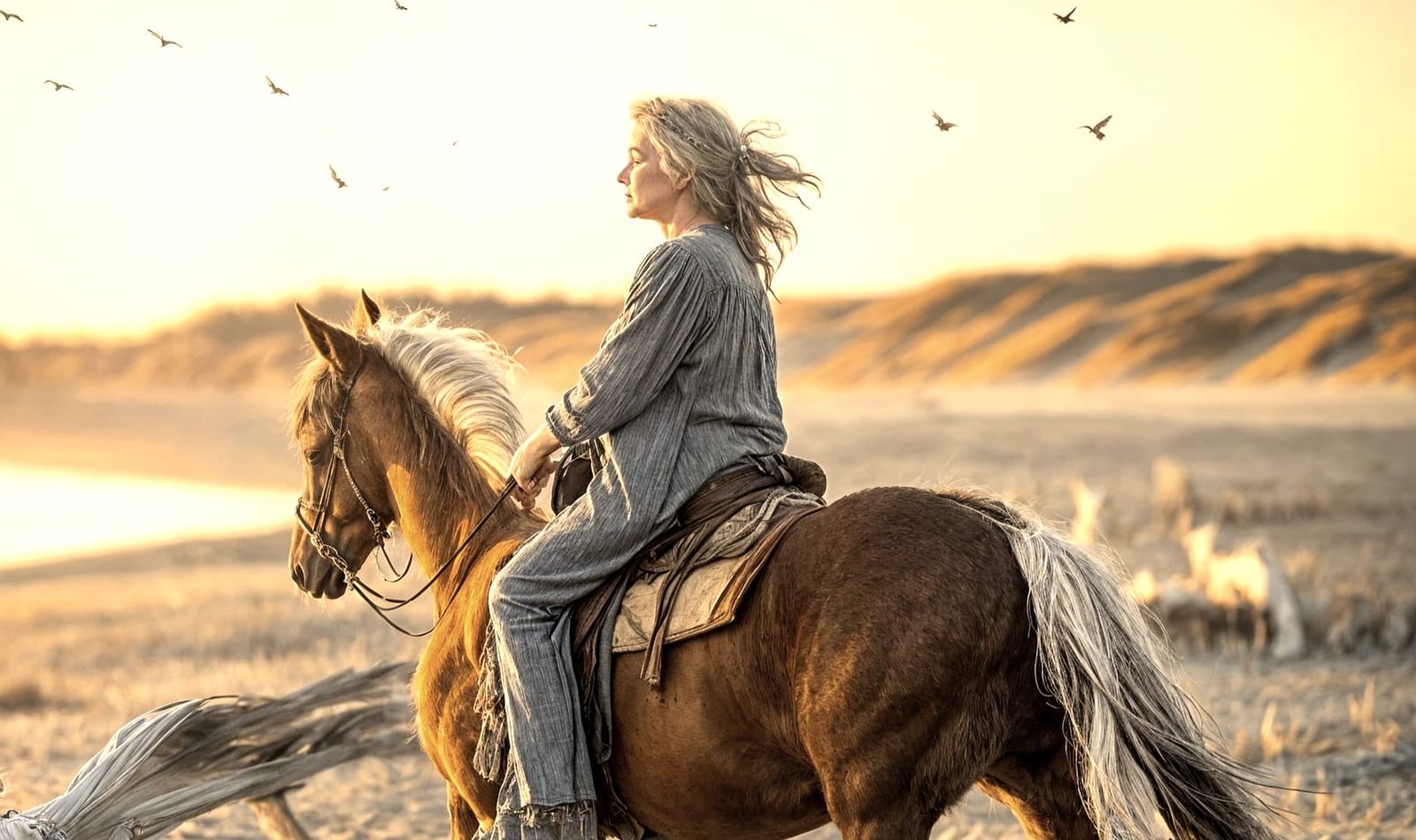 Hippie Woman on Horseback: Charcoal Drawing Style