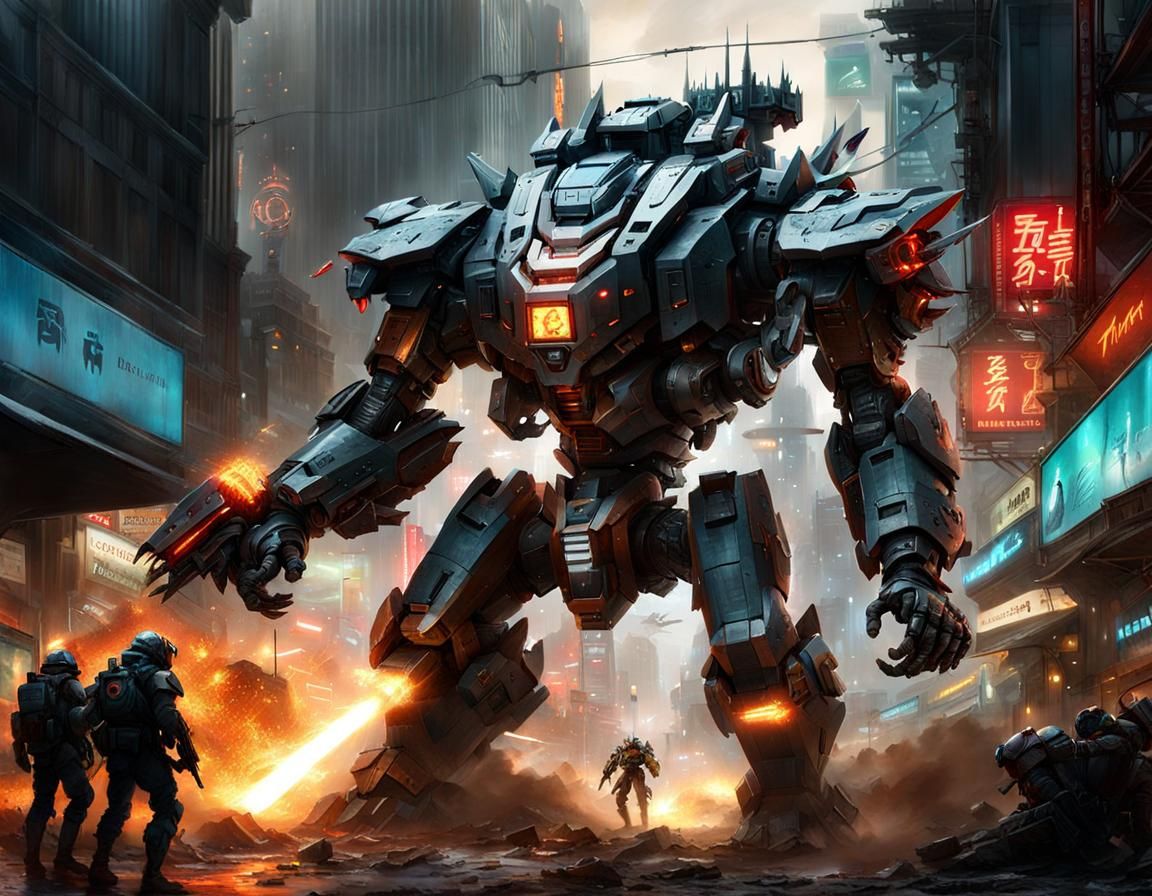 Futuristic Mecha vs Kaiju Monster in Volumetric Lighting