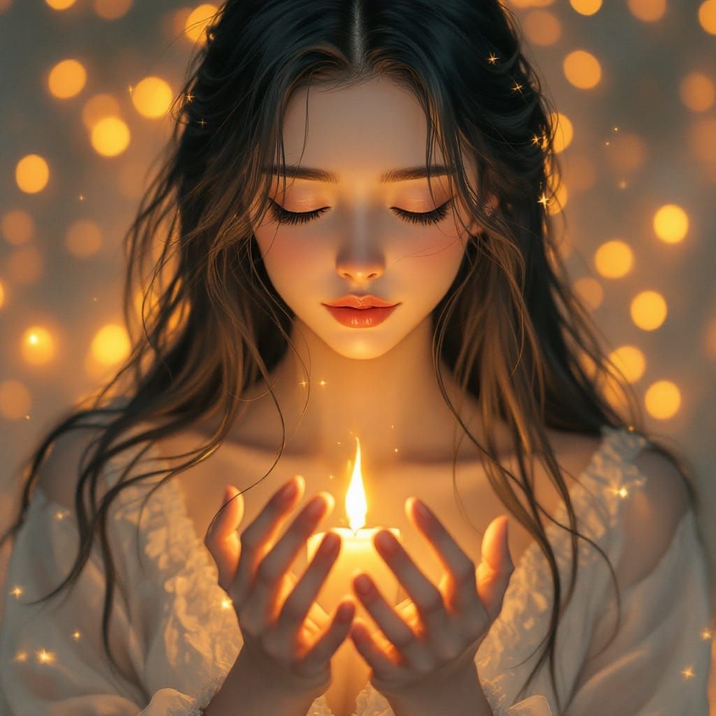 Woman in Serene Contemplation with Glowing Candle