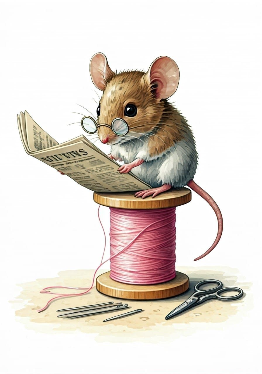 Charming Mouse in Delightful Gouache Style Reading Vintage N...