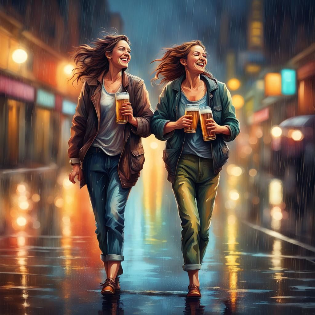 Happy Women in City at Night: Hyperrealistic Splash Art