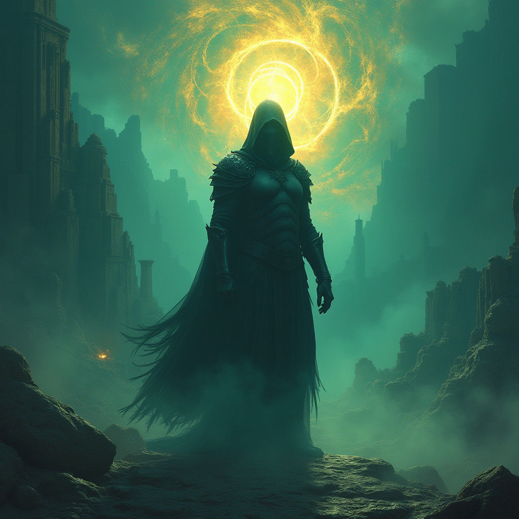 Shadowy Warrior in Mystical Realm: Digital Art