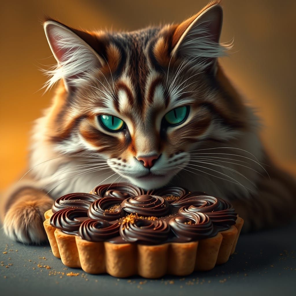 Majestic Cat Licks Golden Chocolate Crostatine in Fantasy Sc...