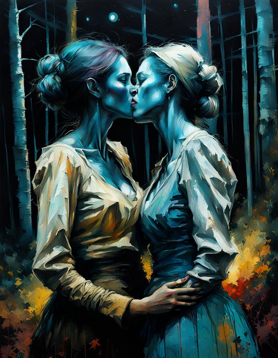 Two Women Embrace in Forest at Night
