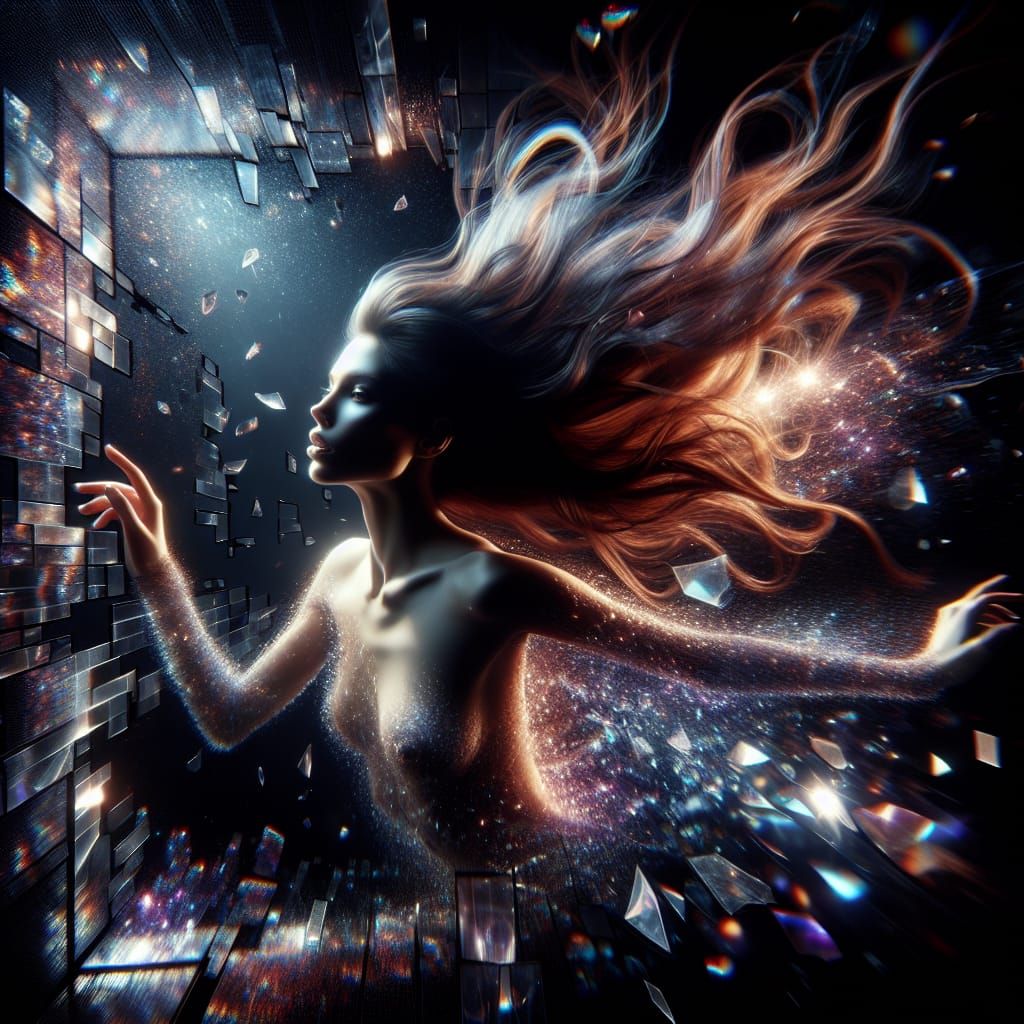 Ethereal Girl Mid-Jump with Iridescent Accents