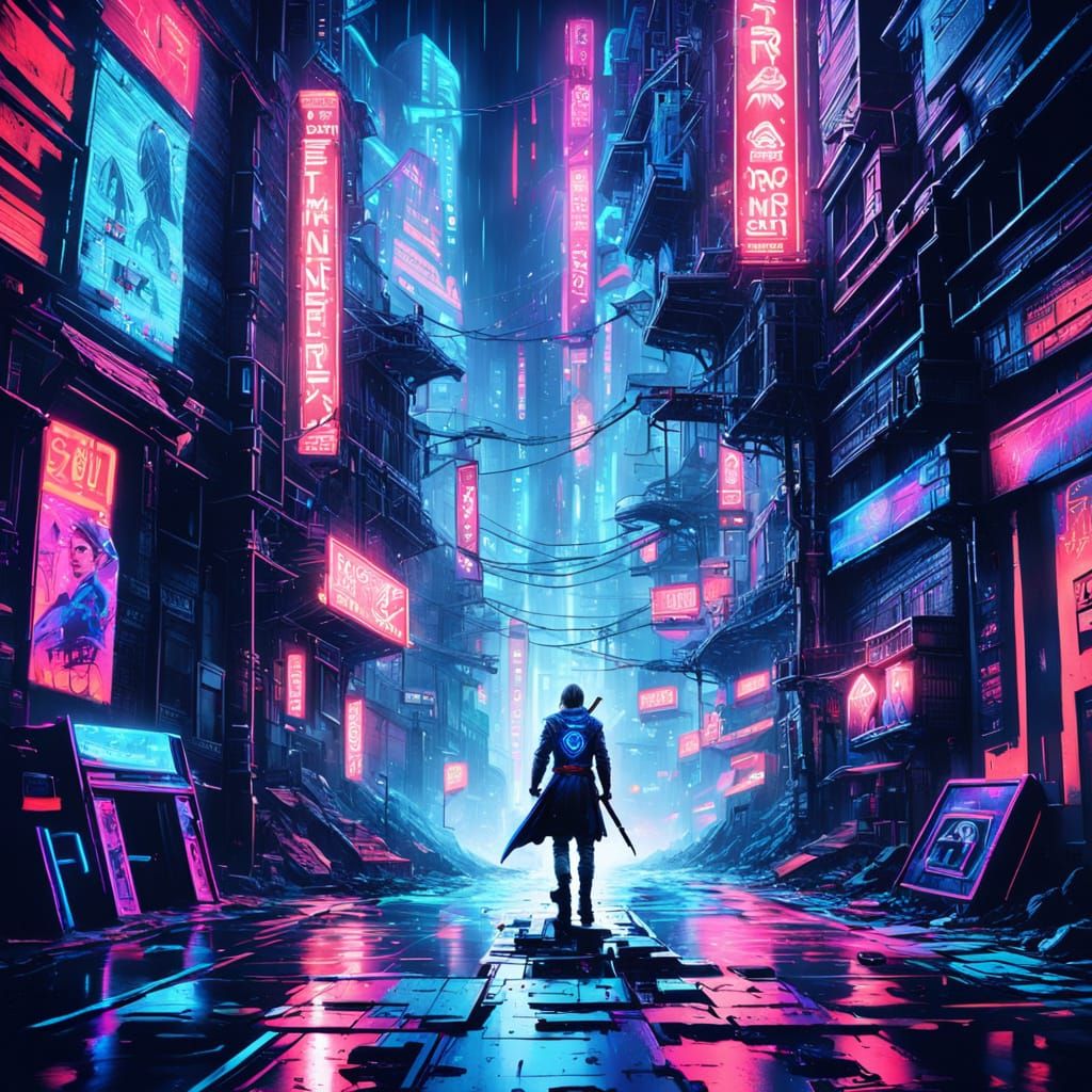 Cyberpunk Link with Master Sword in Neon City