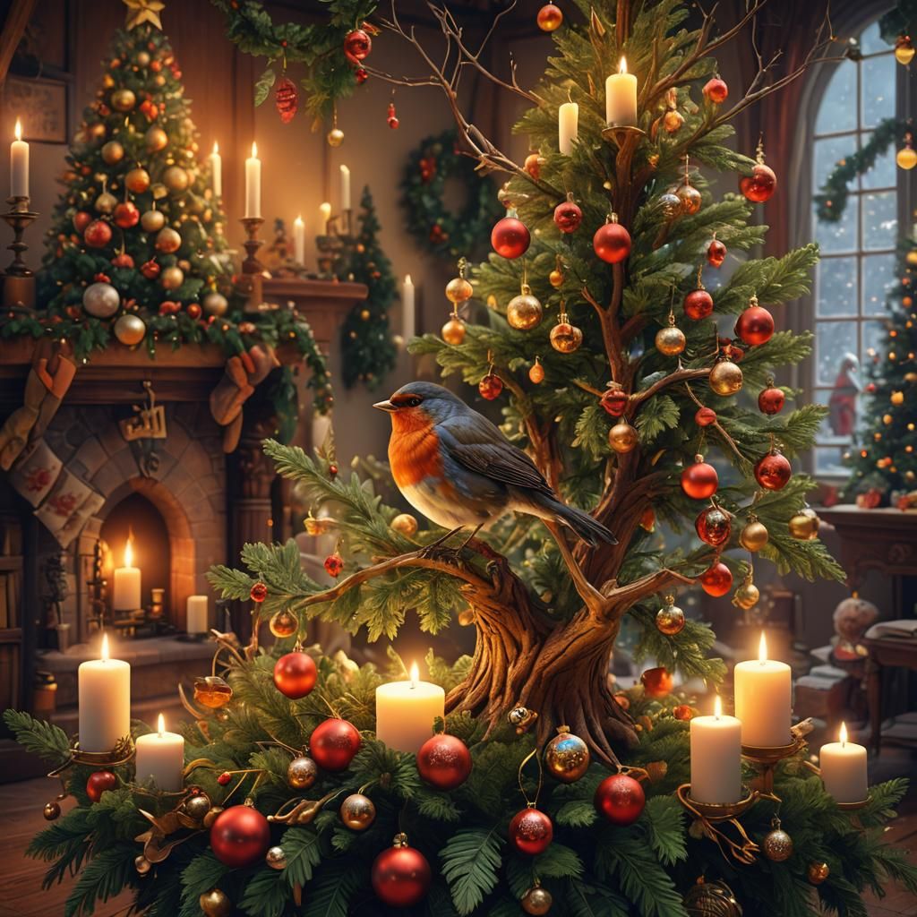 Cozy Christmas Robin Scene in Matte Painting Style