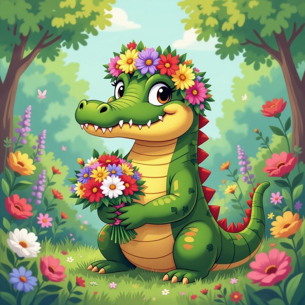 Alligator in Floral Garden, Animated Style