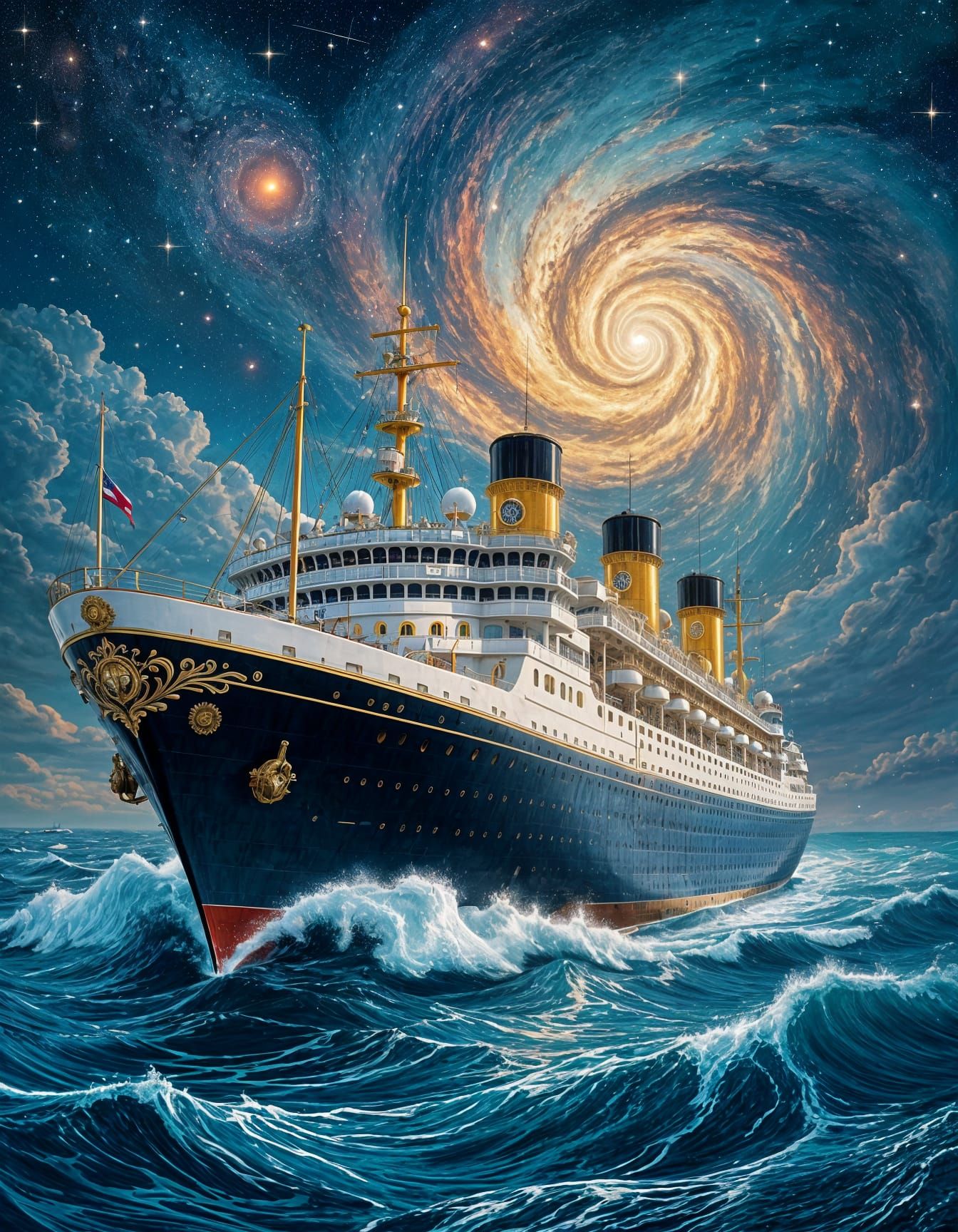 Clockwork Cruise Ship Sailing Nebulae Sea: Art Nouveau