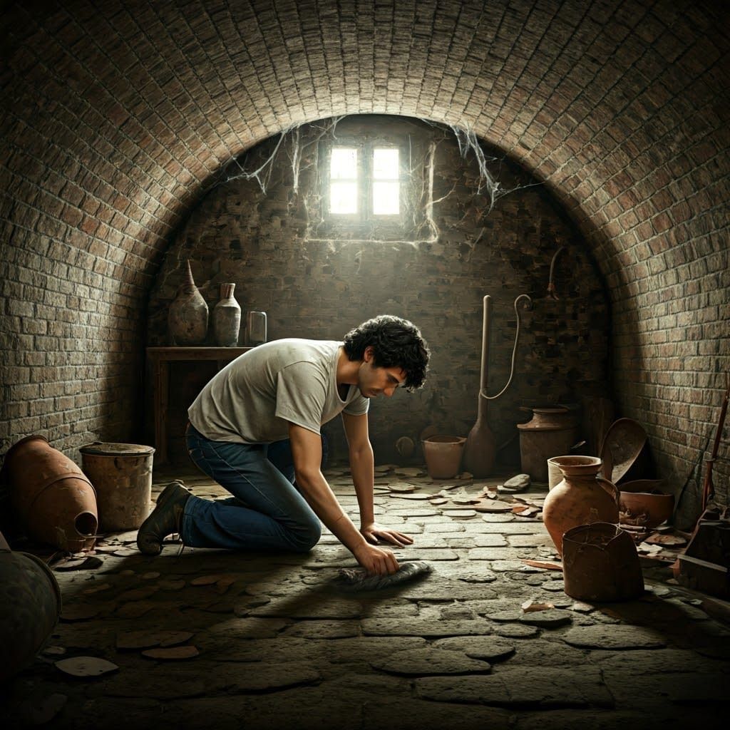 Italian Boy Scrubbing Cellar Floor in Dramatic Lighting