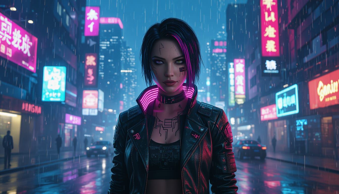 Female V in Rain-Soaked Cyberpunk City