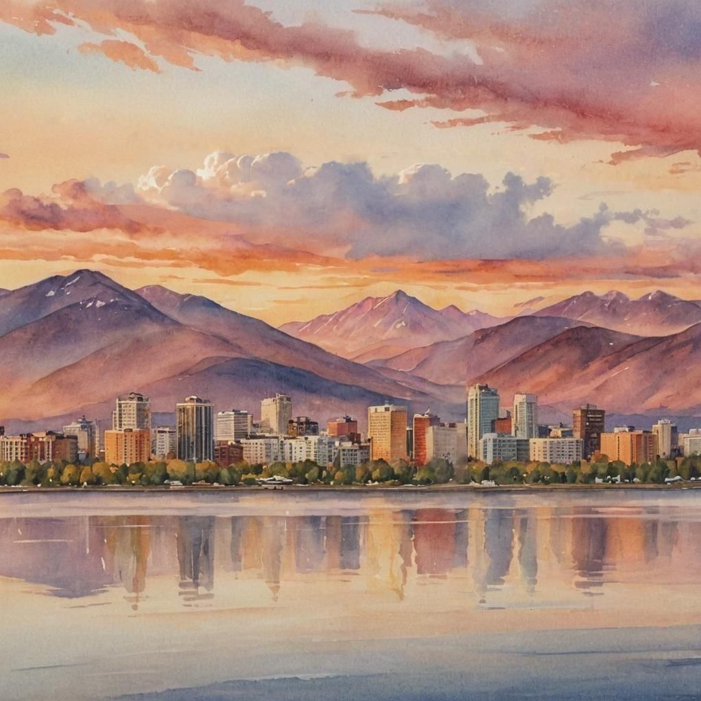 Anchorage Alaska Skyline Sunset Watercolor Painting