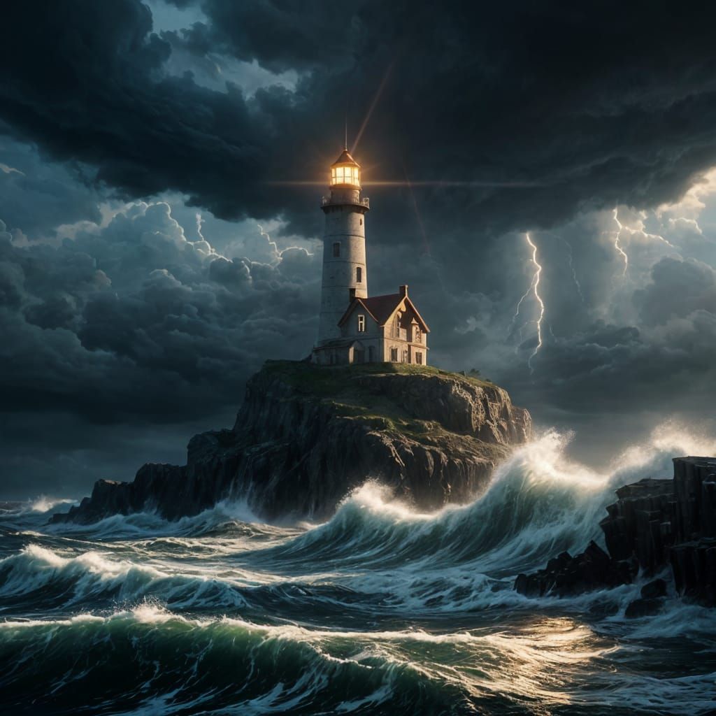 Lighthouse Defiant Against Stormy Sea: Digital Painting