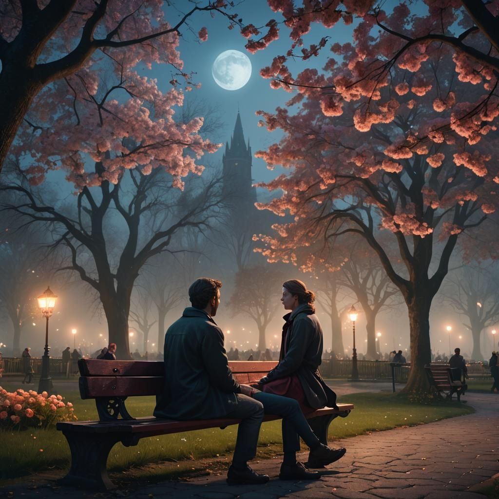 Fantasy Park Scene with Man, Woman, and Flowers