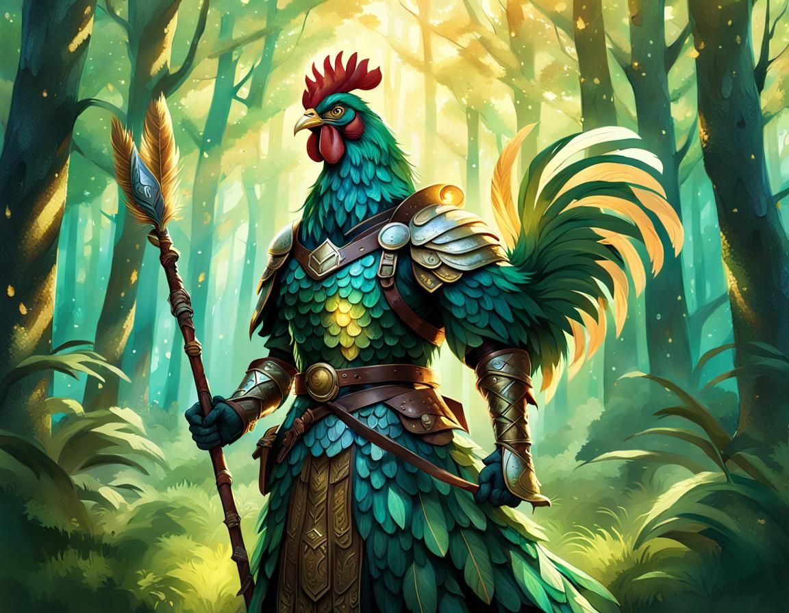 Green Hen Hero in Mystical Forest: Ghibli Style