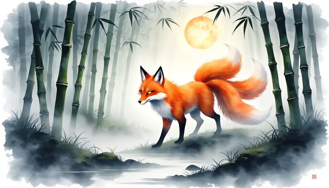 Nine-Tailed Fox in Misty Bamboo Grove