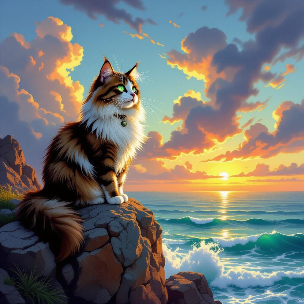 Maine Coon Cat Overlooking the Turquoise Sea