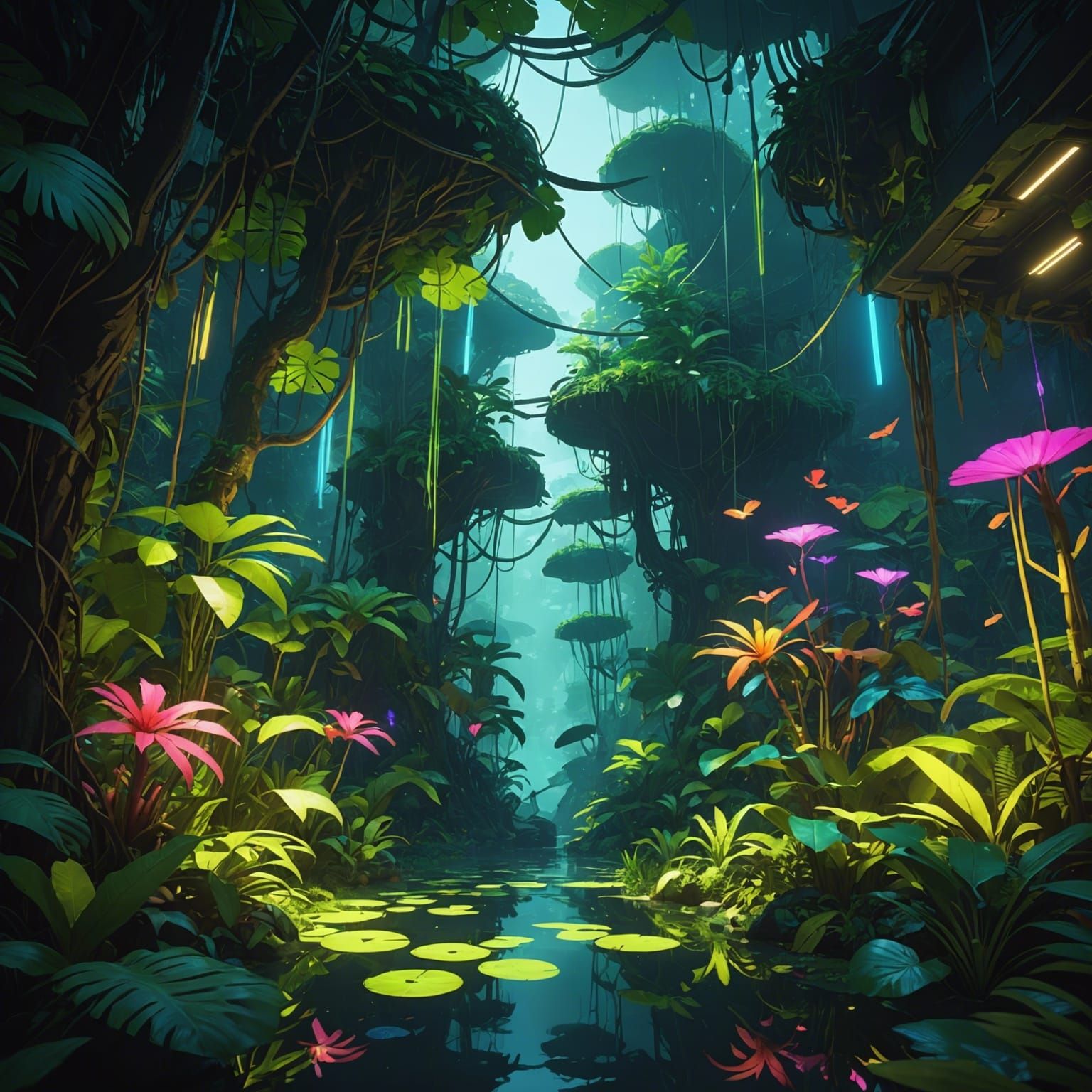 Luminous Jungle Pond in 3D Anime Style