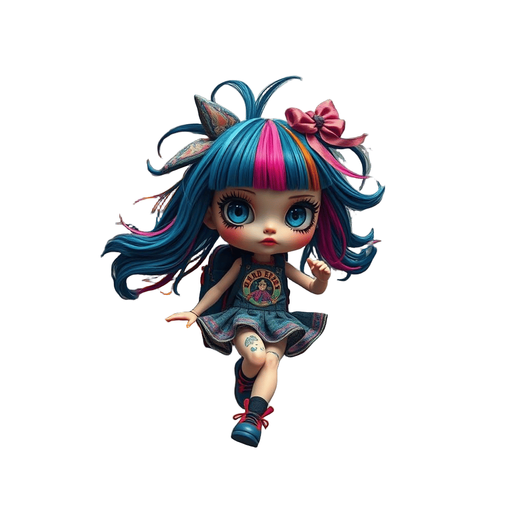 Blythe Doll Chases Vibrant Urban School Bus in Eclectic Graf...