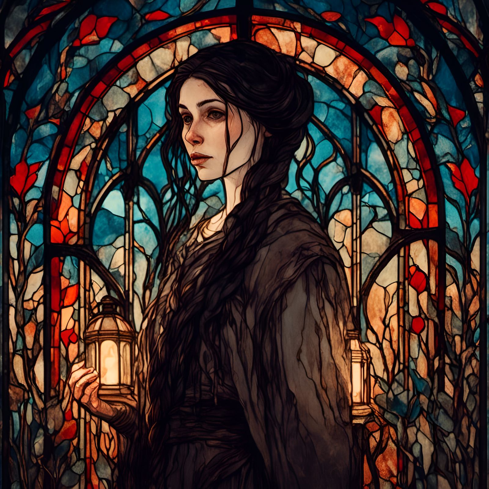 Art Nouveau Woman with Lantern in Stained Glass