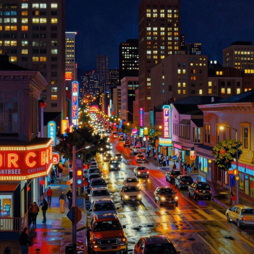 Vibrant San Francisco Nightscape in Cinematic Style