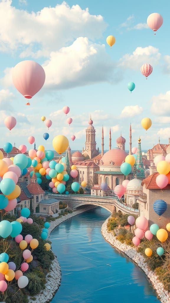 Surreal Cityscape of Colorful Balloons in Pastel Hues