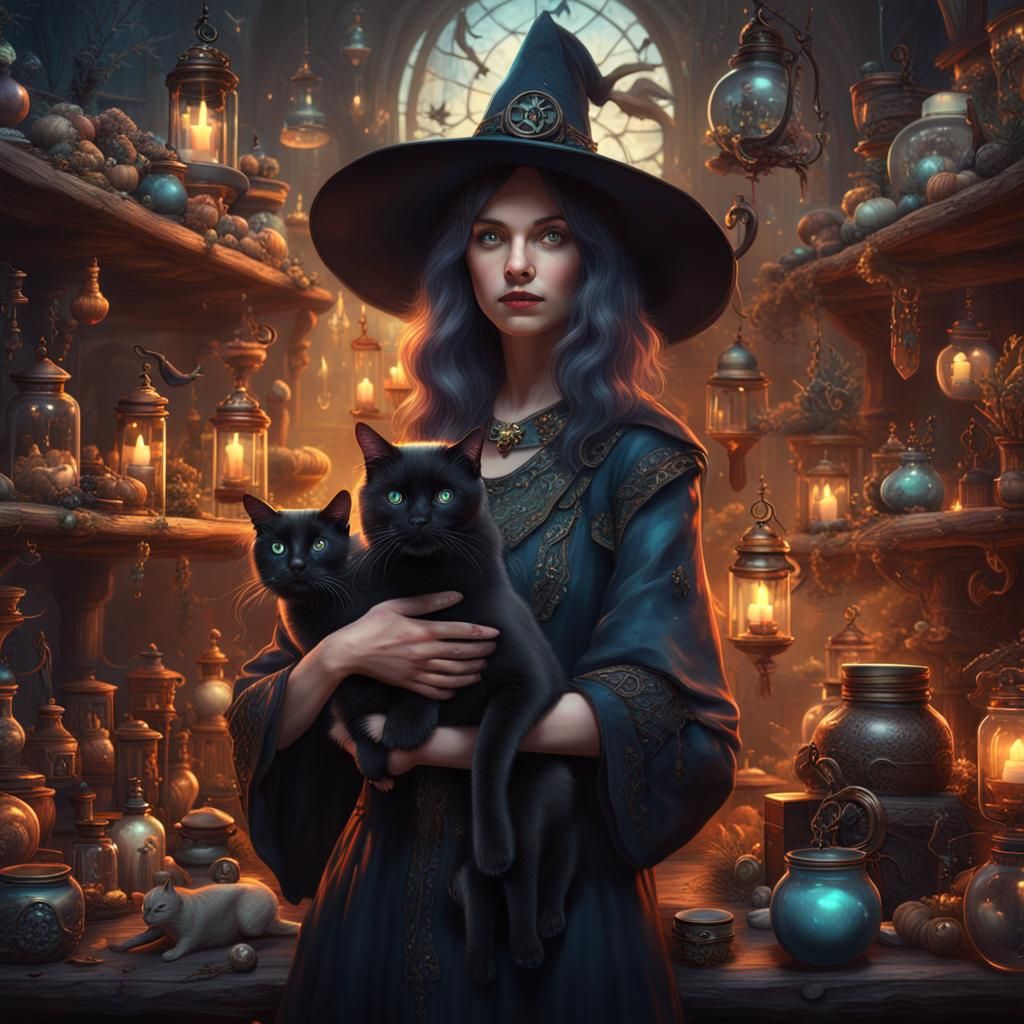 Enchanting Witch and Black Cat in Fantasy Art