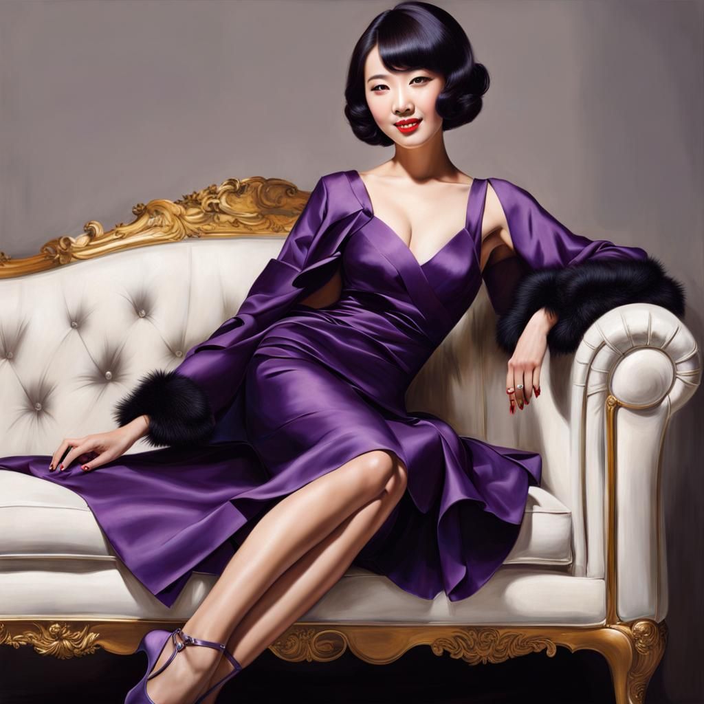 Japanese woman relaxing on an antique couch