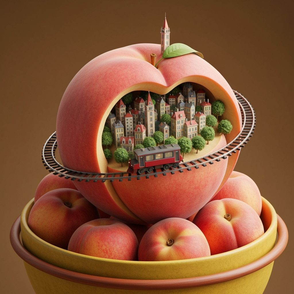 Realistic Peach with Train Tracks and Miniature City