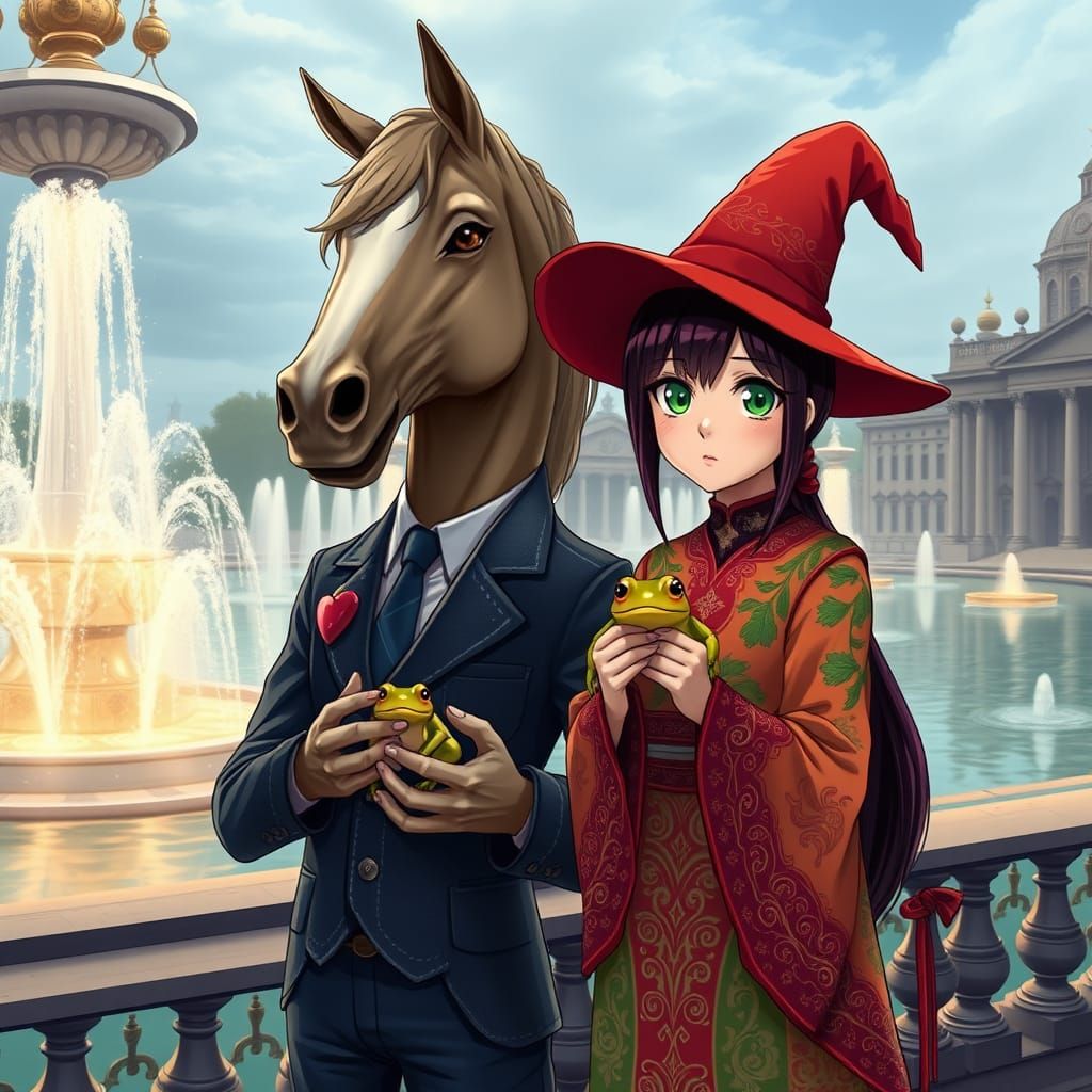 Proportionally Built Horse-Headed Man and Girl in Anime Styl...