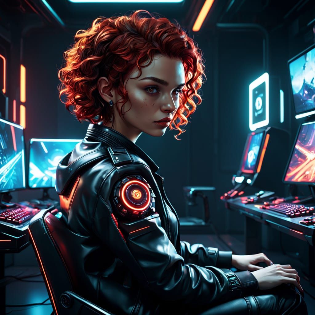 Hyper-Realistic Girl Gamer in Futuristic Gaming Lair