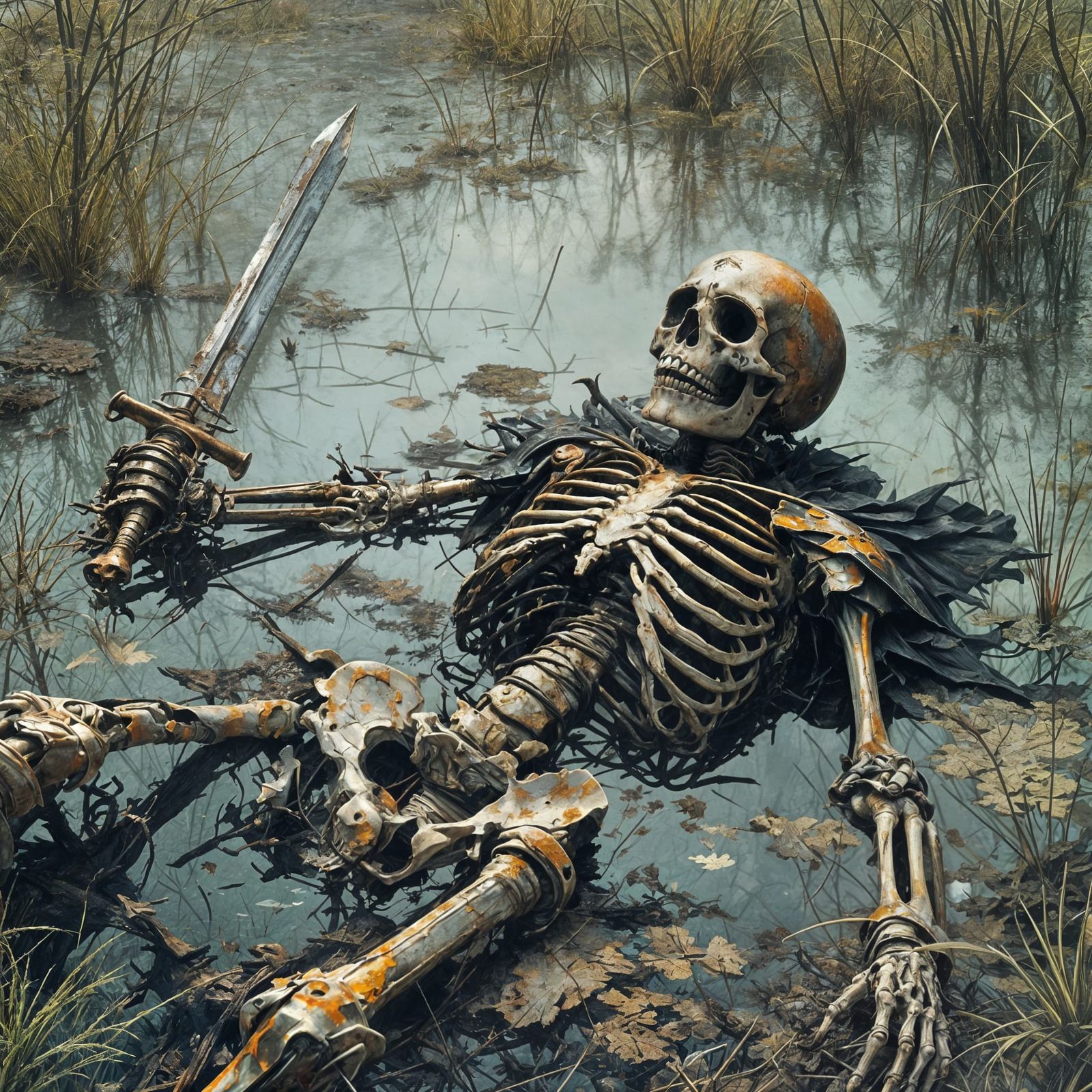 Ethereal Skeleton in Morning Mist, Dark Fantasy Illustration