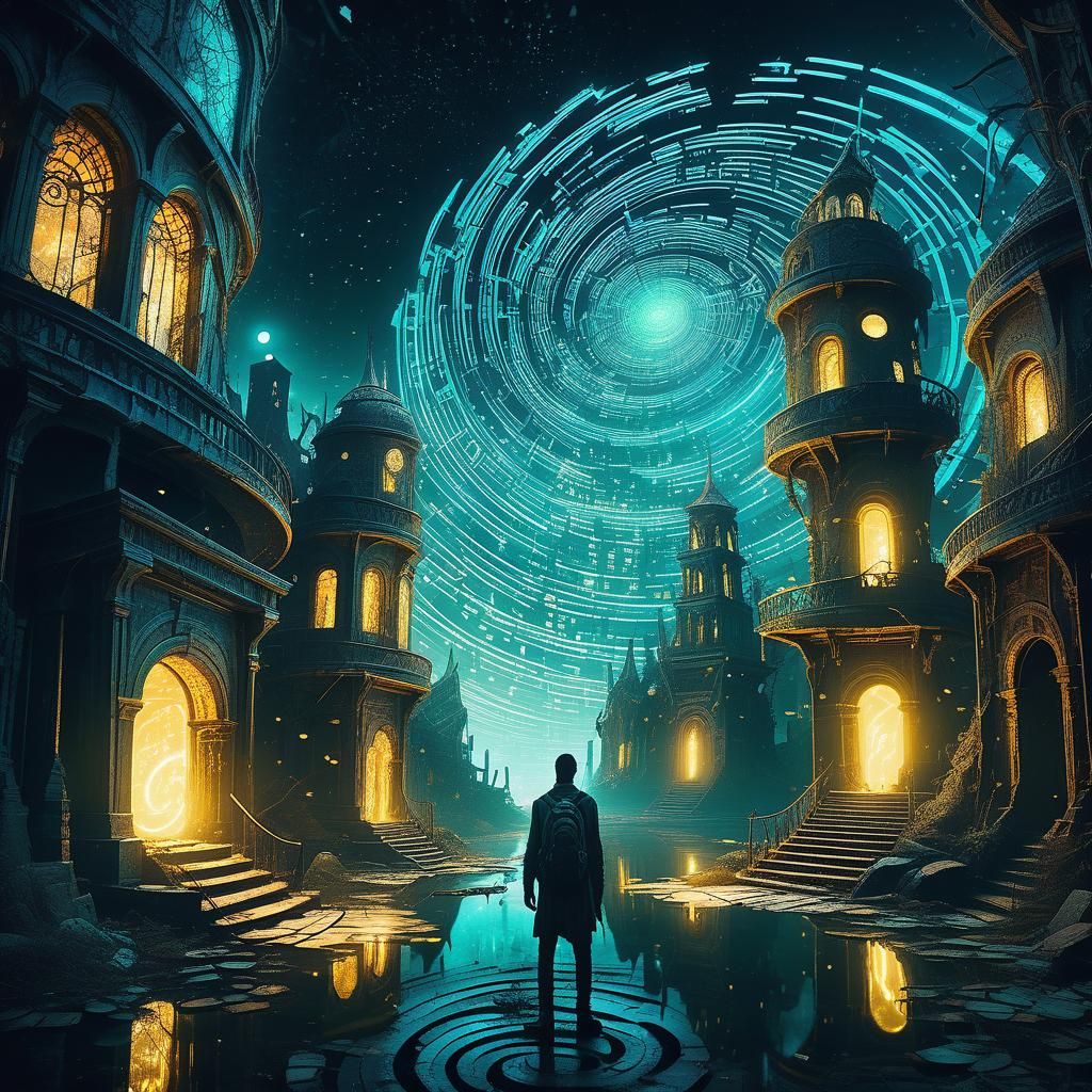 Ethereal Firefly City: Lonely Traveler in Ruins