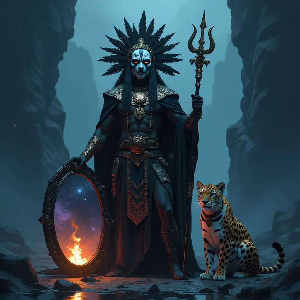 Tezcatlipoca in Obsidian Landscape, Dark Fantasy Art