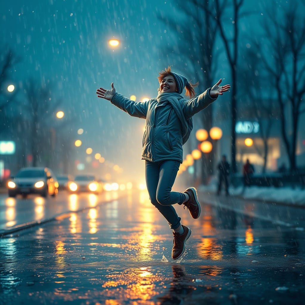Joyful Winter Scene with Rainy City Landscape