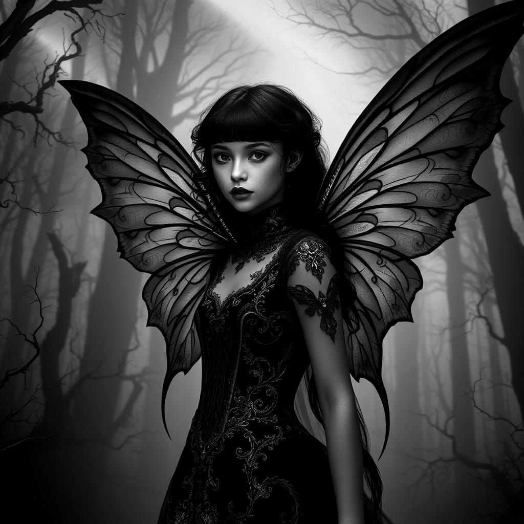 Gothic Fairy in Aurora-lit Forest: Dark Fantasy Art