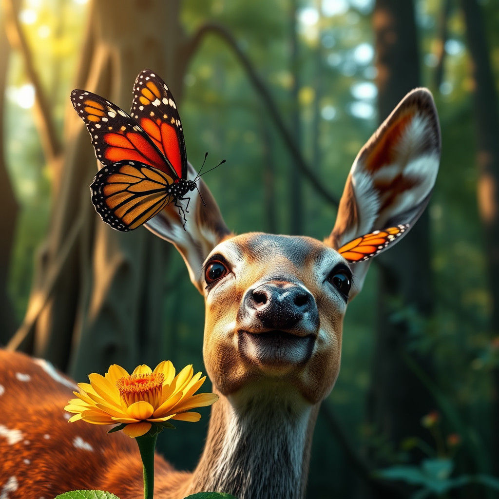 Deer and Monarch Butterfly in Art Nouveau Style