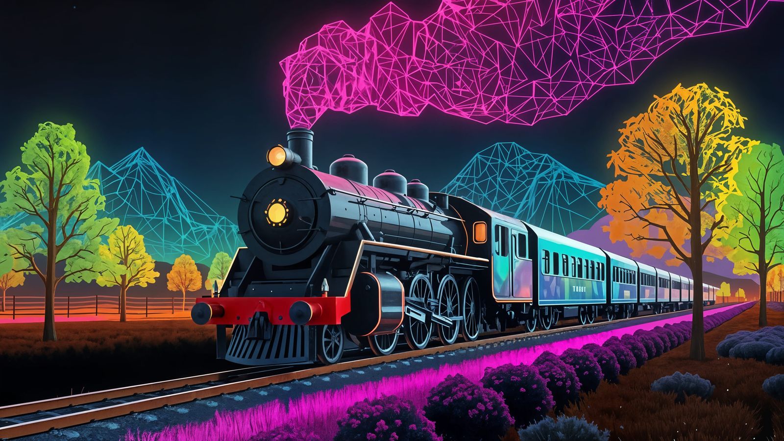 Steam Train in a Neon Wireframe World