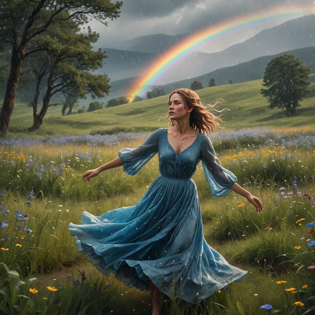 Woman Dancing in Rainy Meadow: A Matte Painting