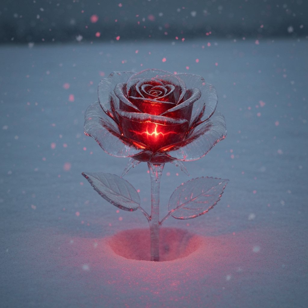 Frozen Rose With Inner Glow in Snowy Field