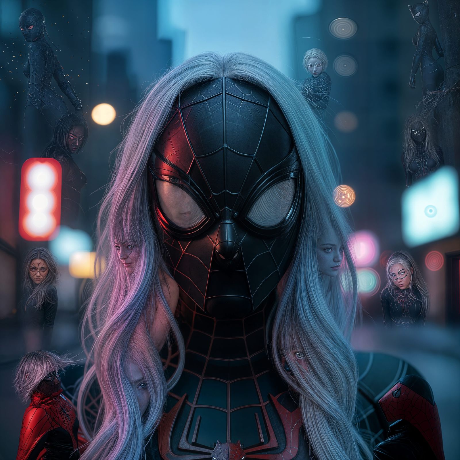 Spider-Man's Mask Reflects Black Cat in Neon City