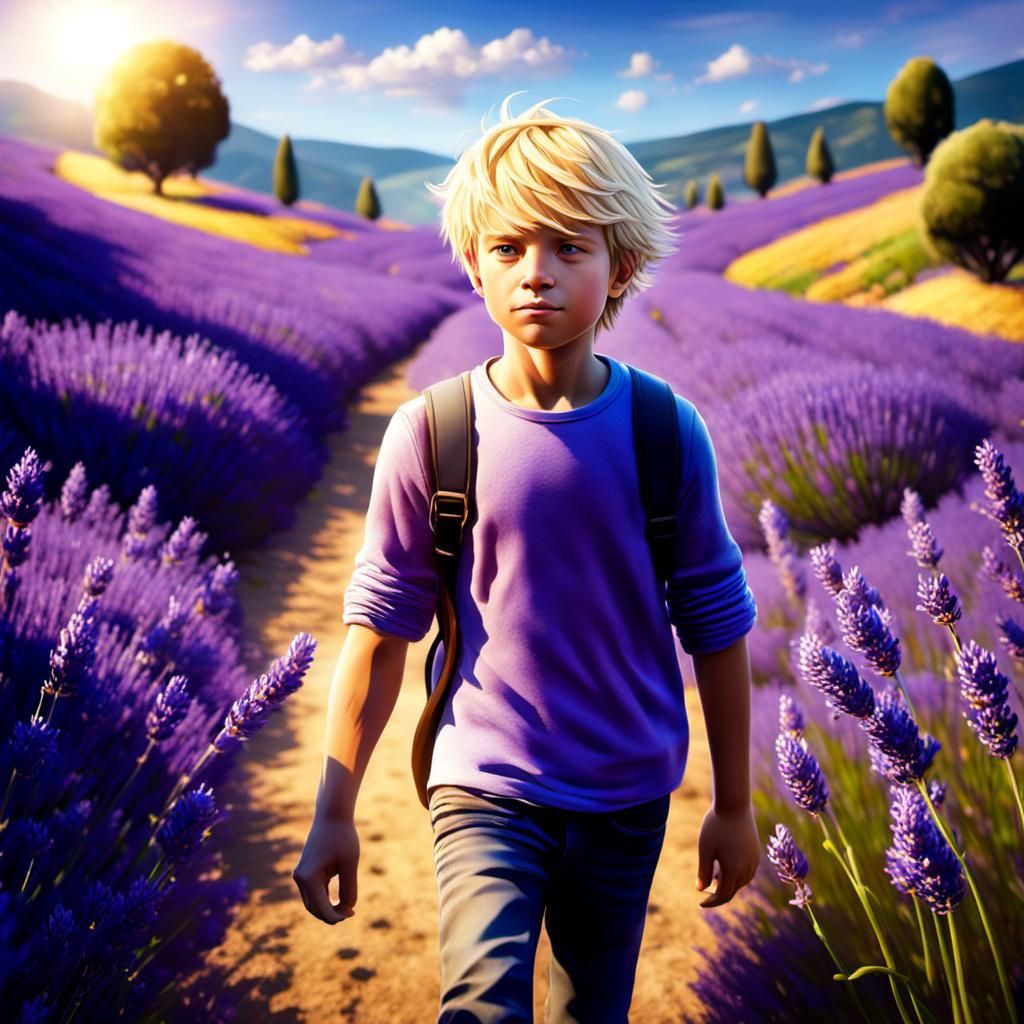 Boy in Lavender Field: Hyperrealistic Splash Art