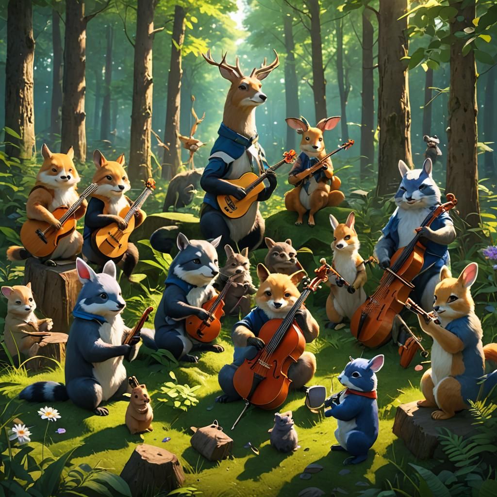 Animals Play Instruments in Forest Clearing: 3D Anime Art