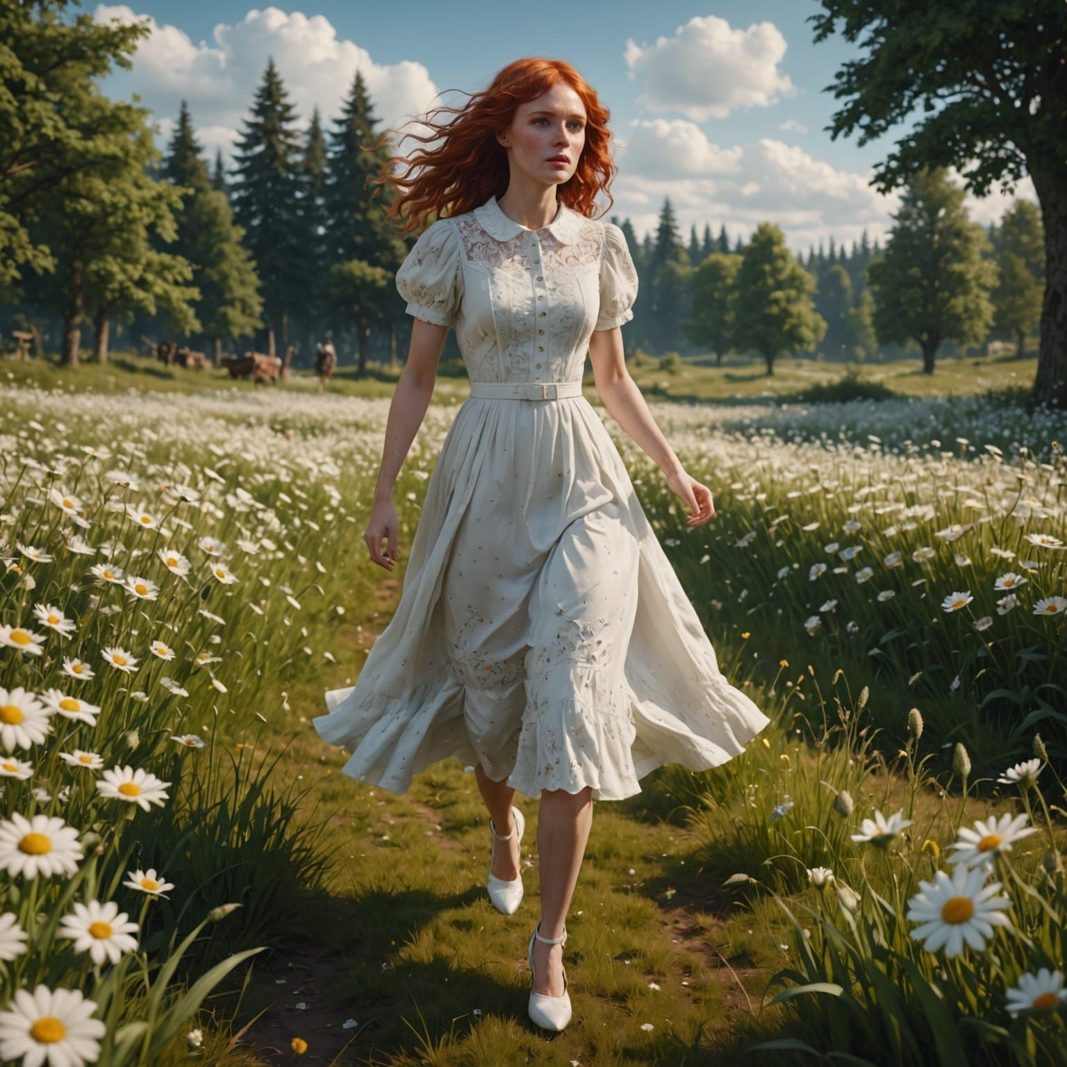 Woman Running Through Flower Meadow, Fantasy Art