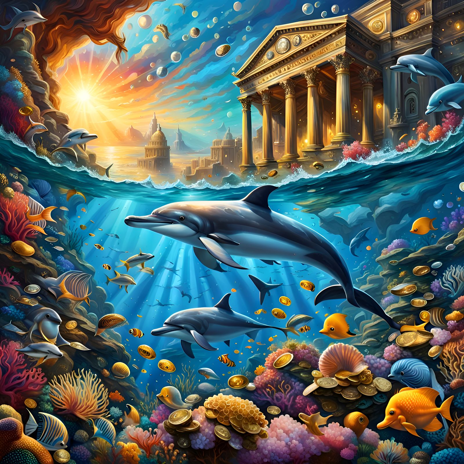 Underwater World with Treasure and Sea Life