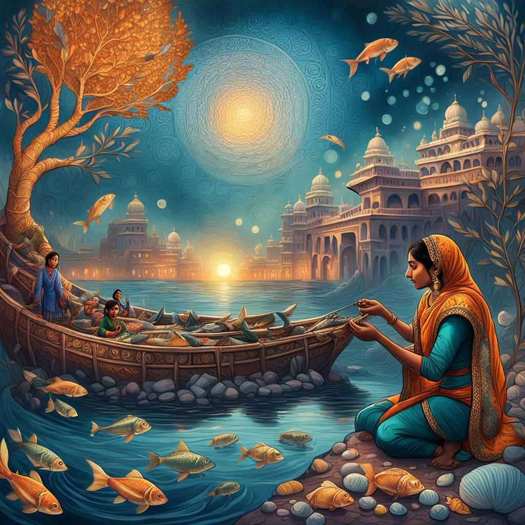 Indian Mother Collects Fish: High Fantasy Concept Art