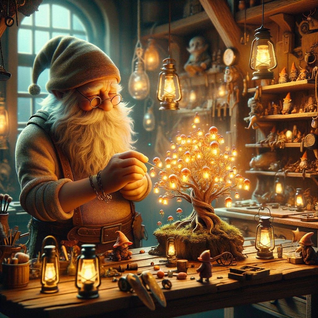 Elderly Gnome Tending Glowing Lantern Bush in Cozy Workshop