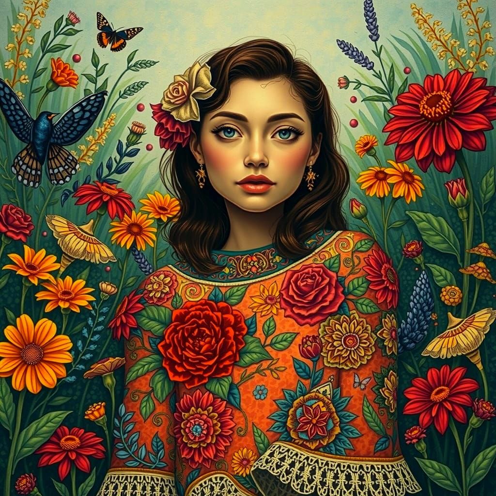 Kind Woman in Garden: Patchwork Alcohol-Ink Portrait