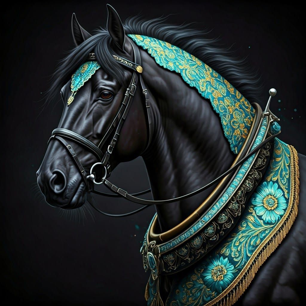 Regal Black Horse with Embroidered Harness